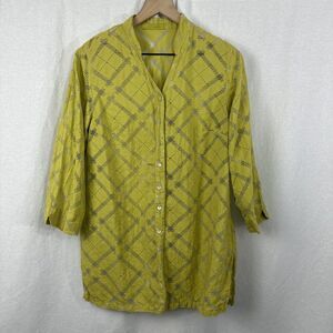 Cut Loose Sheer Geo Print Green Yellow Button Tunic Top Womens Size S Lagenlook